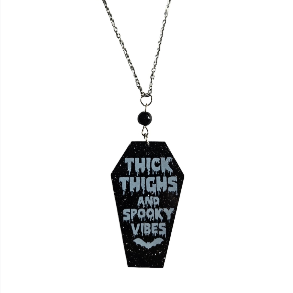 Thick thighs and spooky vibes coffin pendant necklace